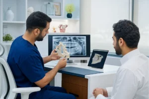 أخصائي يراجع صورة أشعة للفكين مع مريض داخل عيادة أسنان