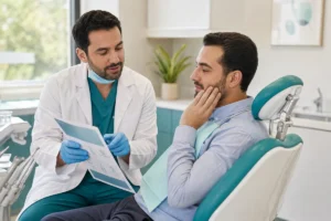 مريض يتلقى إرشادات العناية بعد خلع السن داخل عيادة الأسنان