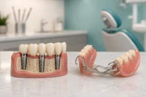 نموذج يقارن بين جسر ثابت مدعوم بزرعات وطقم أسنان متحرك